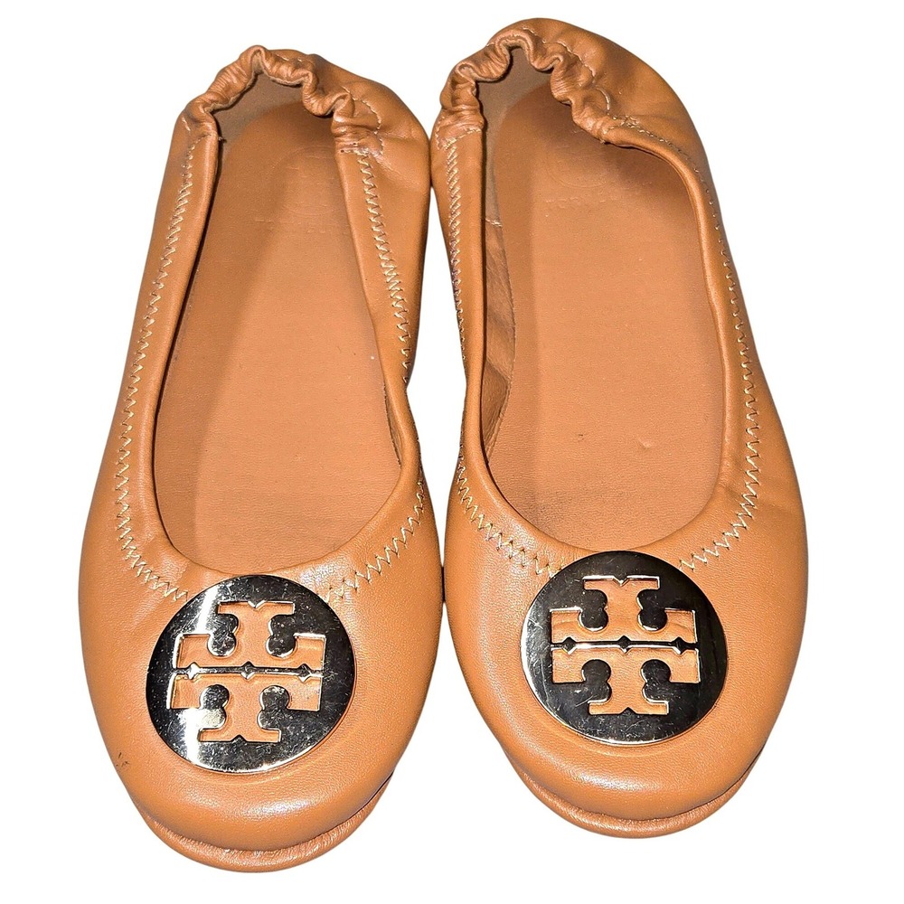 Women's Tory Burch Size 9 Reva Tan Leather Logo Medallion Ballet Flats